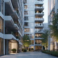 Modern apartment complex with large glass windows, balconies, and greenery. Courtyard area with paved paths and ambient evening lighting.