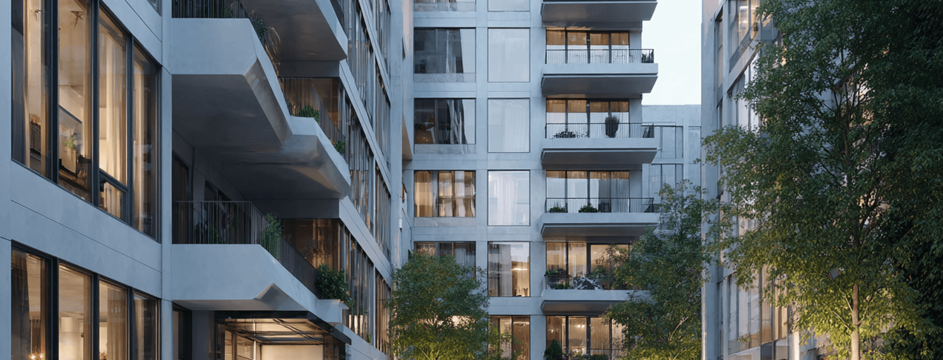 Modern apartment complex with large glass windows, balconies, and greenery. Courtyard area with paved paths and ambient evening lighting.