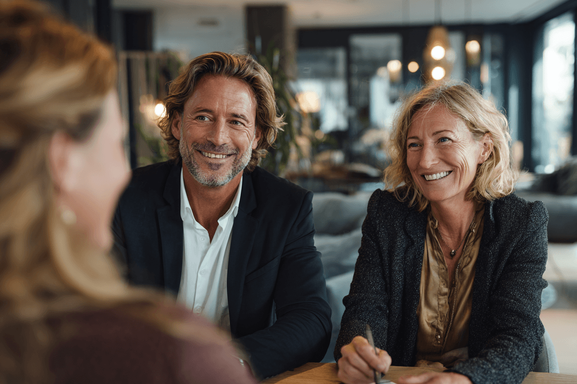 A middle aged couple, in a consultation with a real estate advisor.