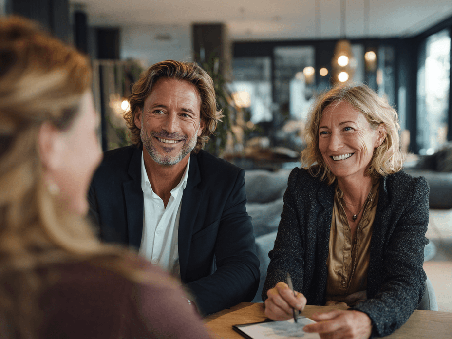 A middle aged couple, in a consultation with a real estate advisor.