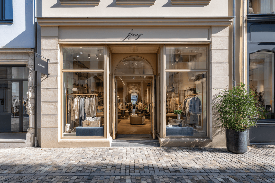 Elegant clothing store exterior with large windows, displaying apparel. A potted plant decorates the cobblestone-lined entrance.