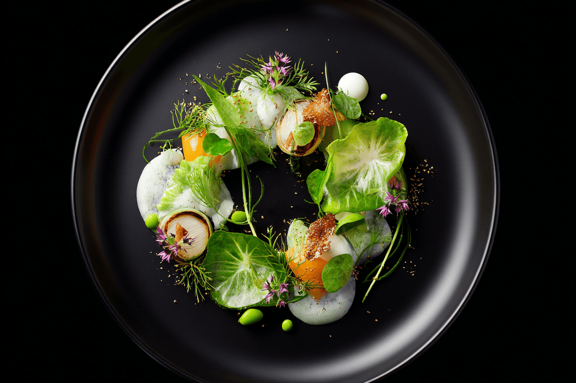 Elegantly plated fine dining dish on a stylish table with high-end tableware, soft natural light, and a sophisticated, luxurious atmosphere.