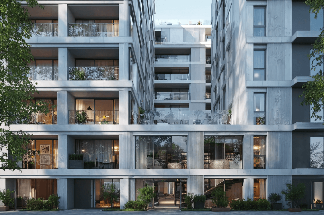 Modern multi-story apartment building with large windows, balconies, and greenery. Two main structures with a connecting section in between.