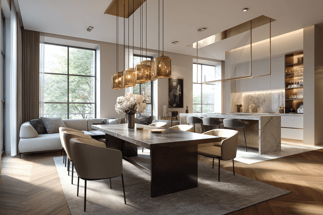 Luxurious dining room, in white and beige tones, with golden details, in daylight.