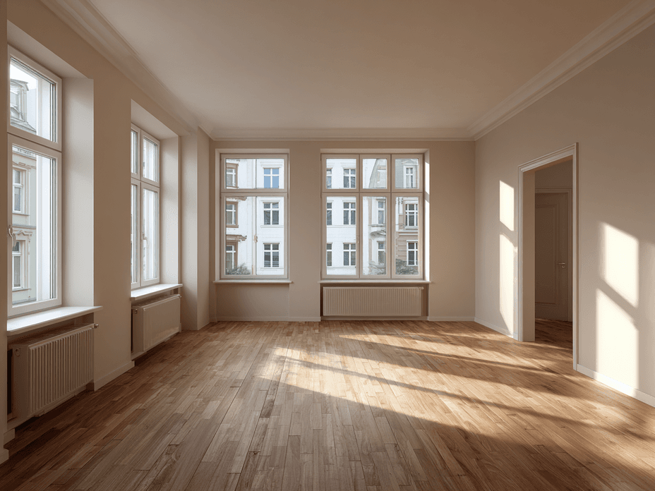 Empty apartment bathed in sunlight streaming through large windows, creating a bright and airy atmosphere.