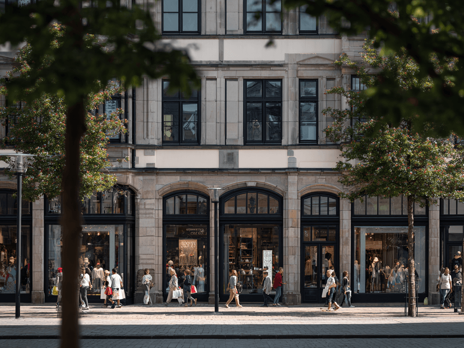 People walking along a city street with shops in a historic building, framed by trees in the foreground.
