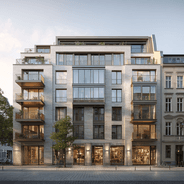 Modern multi-story building with large windows and balconies, surrounded by trees and adjacent to another historic building on a quiet street.