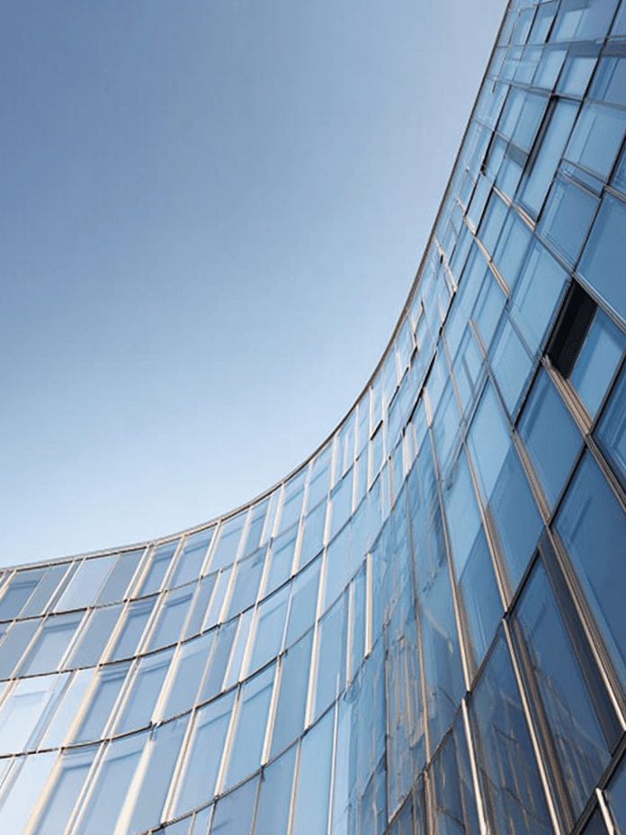 Curved modern glass building with reflective windows against a clear blue sky.
