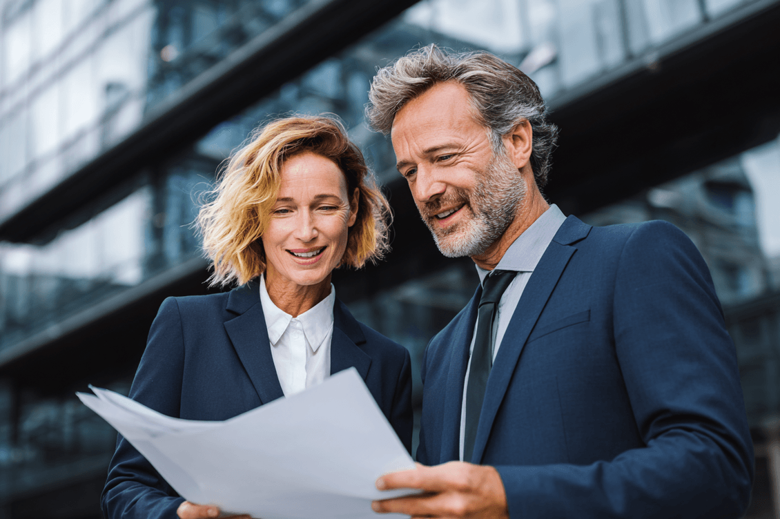 Two business professionals in suits discuss documents outside a modern glass building, both appearing engaged and focused.