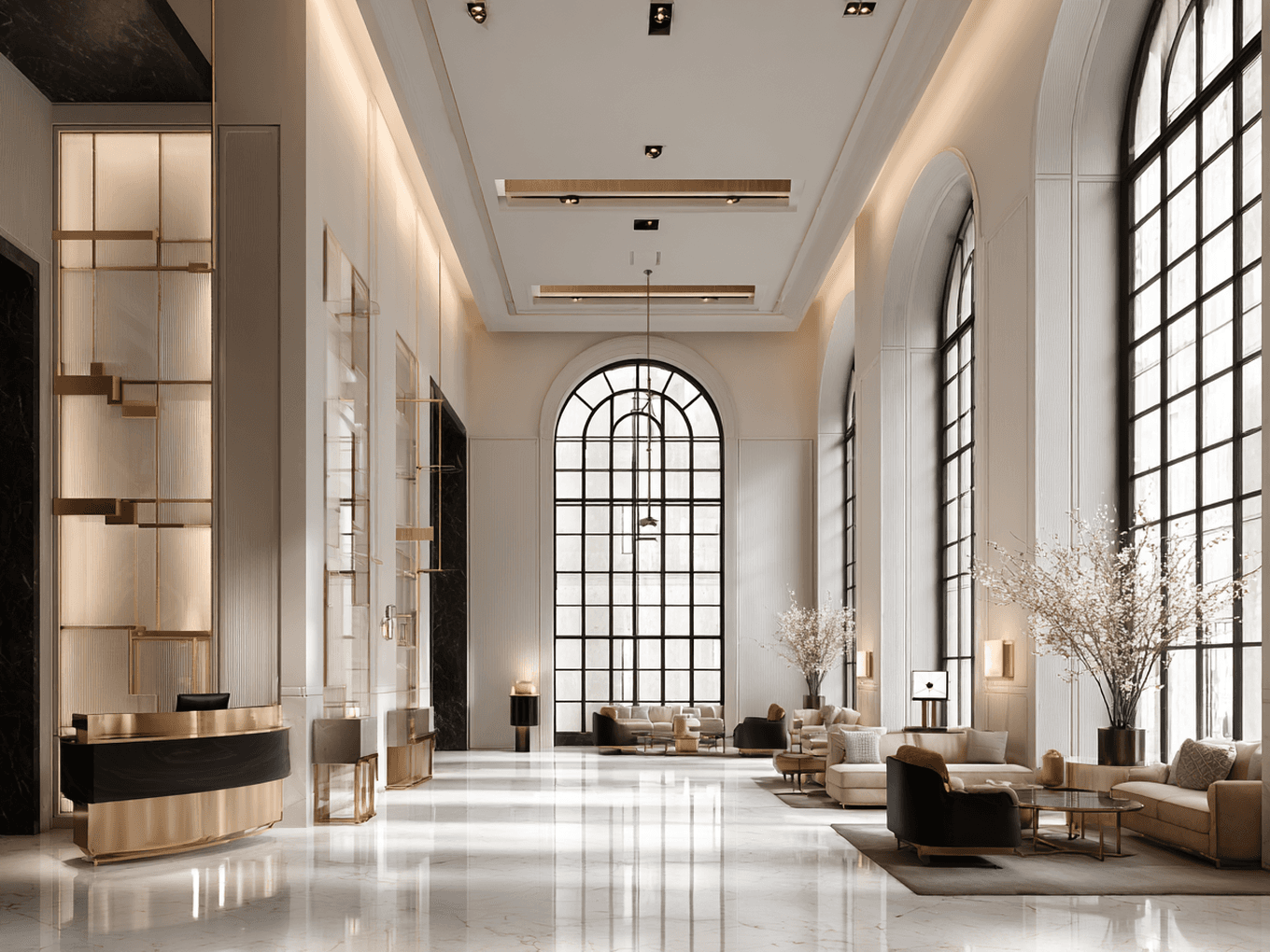 Luxurious hotel lobby with high ceilings, tall arched windows, elegant chandeliers, modern furniture, and decorative plants on marble flooring.