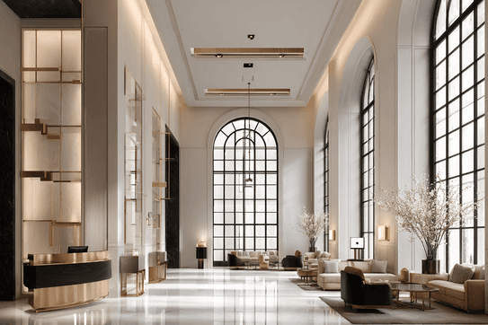 Luxurious hotel lobby with high ceilings, large arched windows, elegant seating, a reception desk, and decorative lighting, exuding elegance.