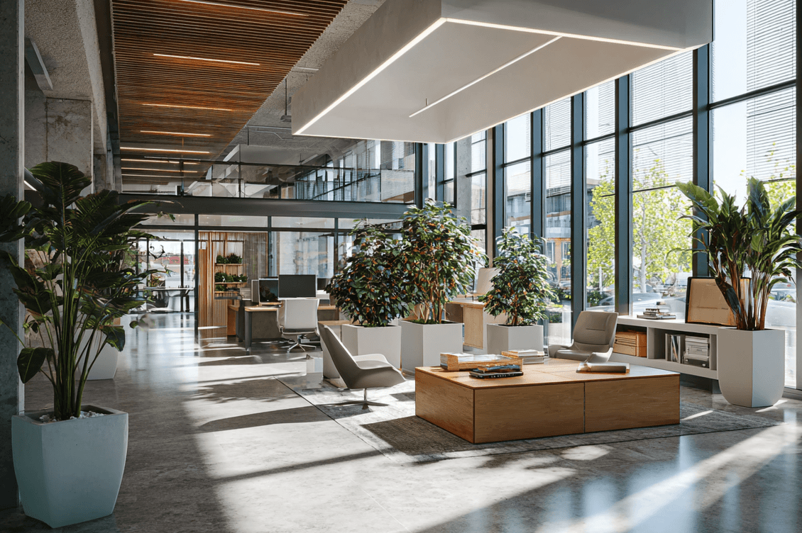 Modern open-concept office with large windows, indoor plants, wooden furniture, overhead lighting, and natural sunlight streaming in.