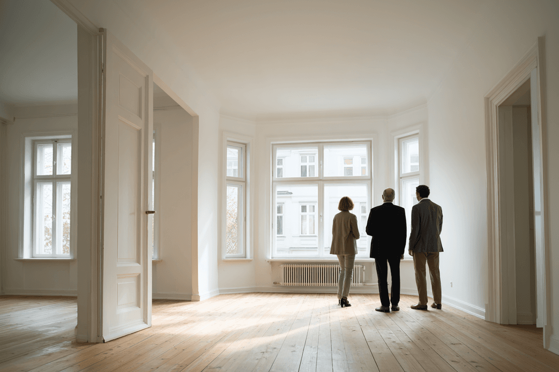 Three people stand in an empty room with large windows and wooden floors, facing outside.