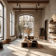 Minimalist boutique interior with large arched windows, wooden shelves displaying bags, and a central table with plants and folded clothes.