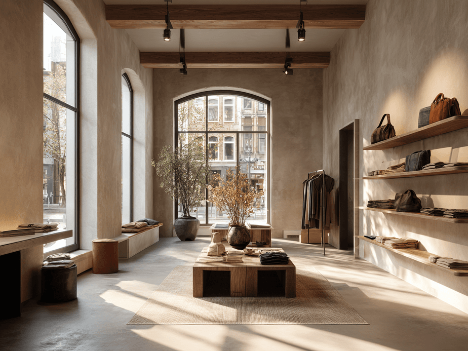 Minimalist boutique interior with large arched windows, wooden shelves displaying bags, and a central table with plants and folded clothes.
