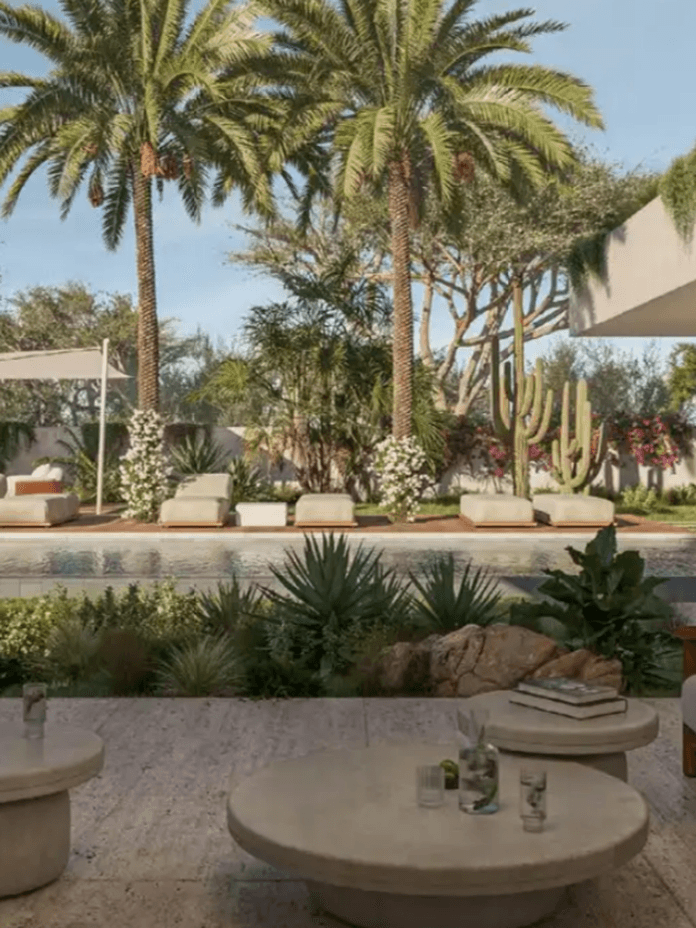 Luxurious outdoor patio with wooden furniture, a pool, lush greenery, palm trees, and a modern building in the background under a clear blue sky.