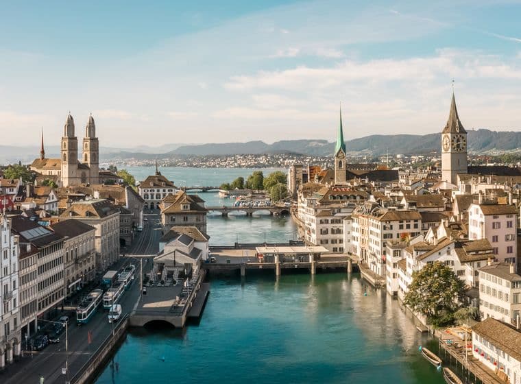 Bird's-eye view of the old town of Zurich in spring and with a blue sky
