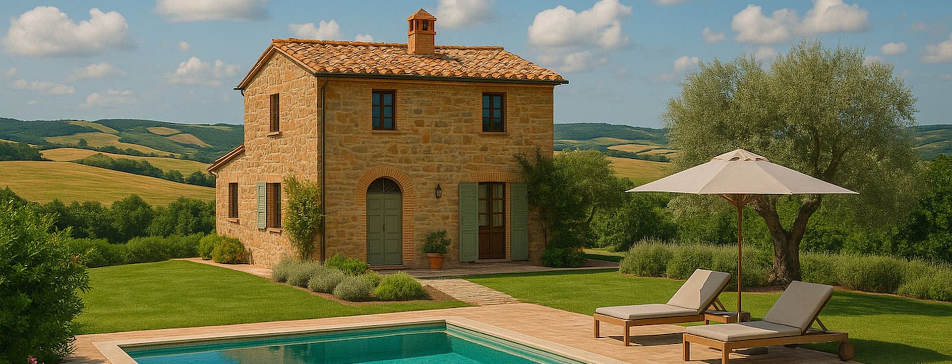Steinhaus mit rotem Ziegeldach, Pool und Liegestühlen unter einem Sonnenschirm. Umgeben von üppigem Grün und sanften Hügeln unter einem blauen Himmel.
