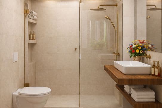 Beige tiled bathroom with glass shower and gold fixtures, floating wood vanity with white vessel sink and colorful flowers.