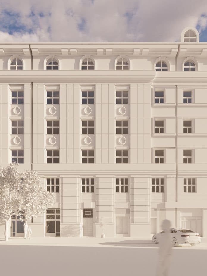 Bright rendering of a multi-storey building’s front façade featuring a symmetrical layout, rectangular windows, and circular reliefs between them. The top floor has arched windows. In the foreground, simplified figures of pedestrians, a tree, and a parked car appear, all in a uniform light tone.