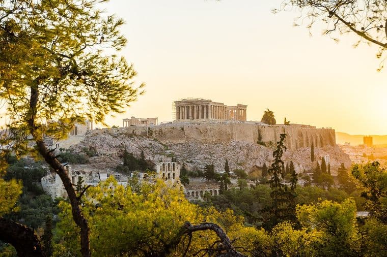 Acropolis in Athens with sun