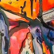 Abstract painting with vibrant colors and bold brushstrokes, characterized by splashes of orange, blue, and pink, as well as dynamic black lines.