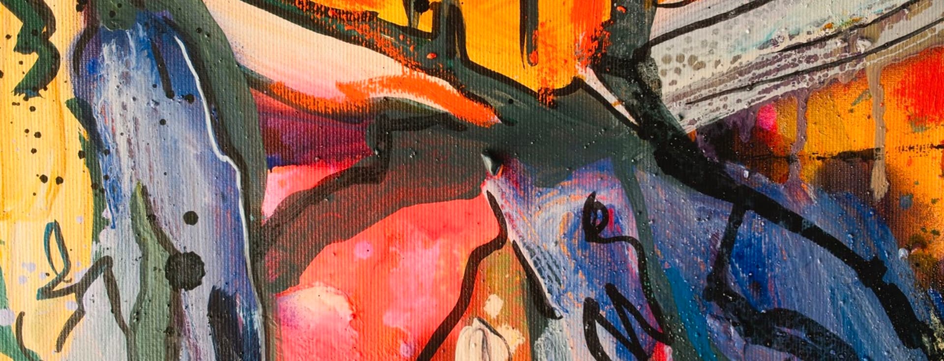 Abstract painting with vibrant colors and bold brushstrokes, characterized by splashes of orange, blue, and pink, as well as dynamic black lines.