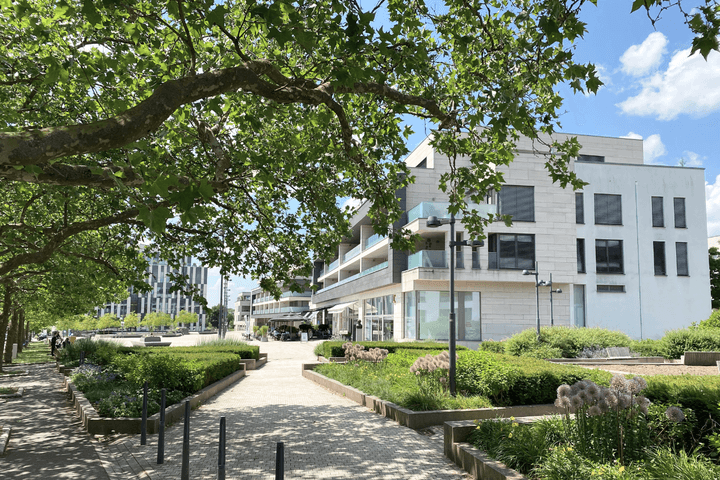 A sunny view of a modern apartment complex with a stone walkway, green trees, and flower beds.