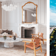 Elegant living room with modern decor and a Paris cityscape featuring the Eiffel Tower; combines luxury interior with stunning exterior view.