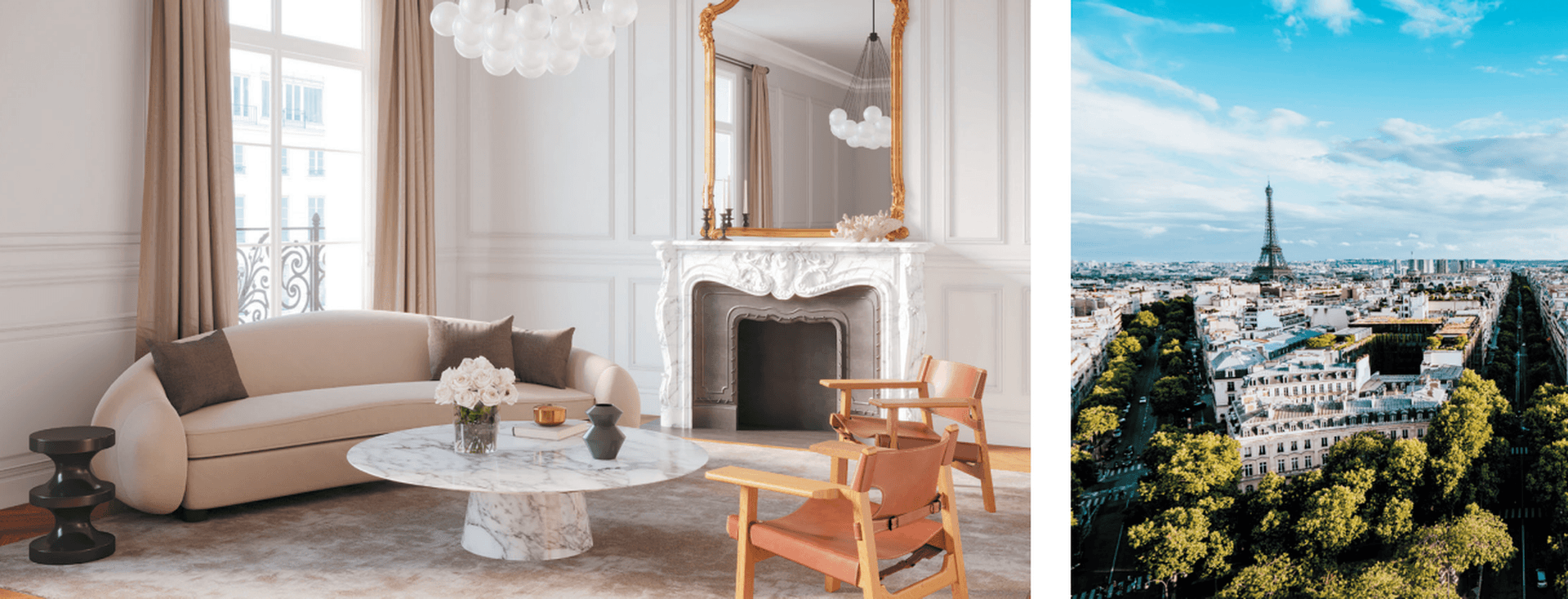 Elegant living room with modern decor and a Paris cityscape featuring the Eiffel Tower; combines luxury interior with stunning exterior view.