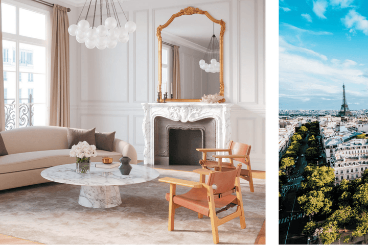Elegant living room with modern decor and a Paris cityscape featuring the Eiffel Tower; combines luxury interior with stunning exterior view.