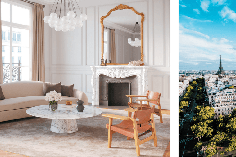 Elegant living room with modern decor and a Paris cityscape featuring the Eiffel Tower; combines luxury interior with stunning exterior view.