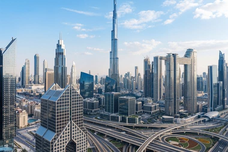 Skyline of a modern city with skyscrapers, including a tall iconic tower, surrounded by roads and highways under a clear blue sky.