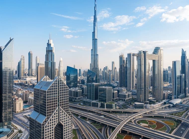 Skyline of a modern city with skyscrapers, including a tall iconic tower, surrounded by roads and highways under a clear blue sky.