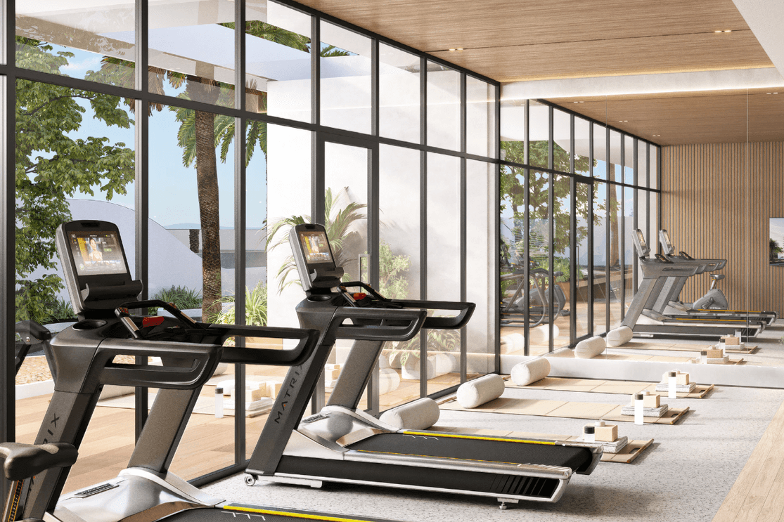 Fully equipped fitness studio at Rise by Blanco with modern training equipment