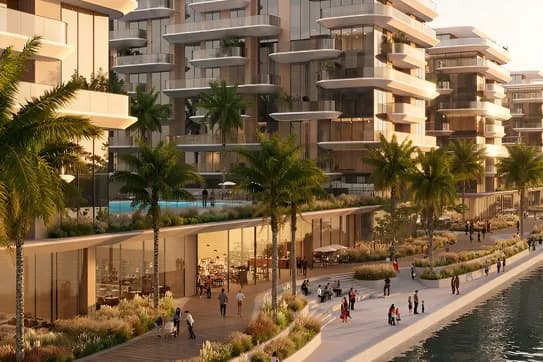 Modern waterfront residential complex with curved white balconies, glass facades, palm trees, and a pedestrian promenade along the water. KI-generiertes Bild