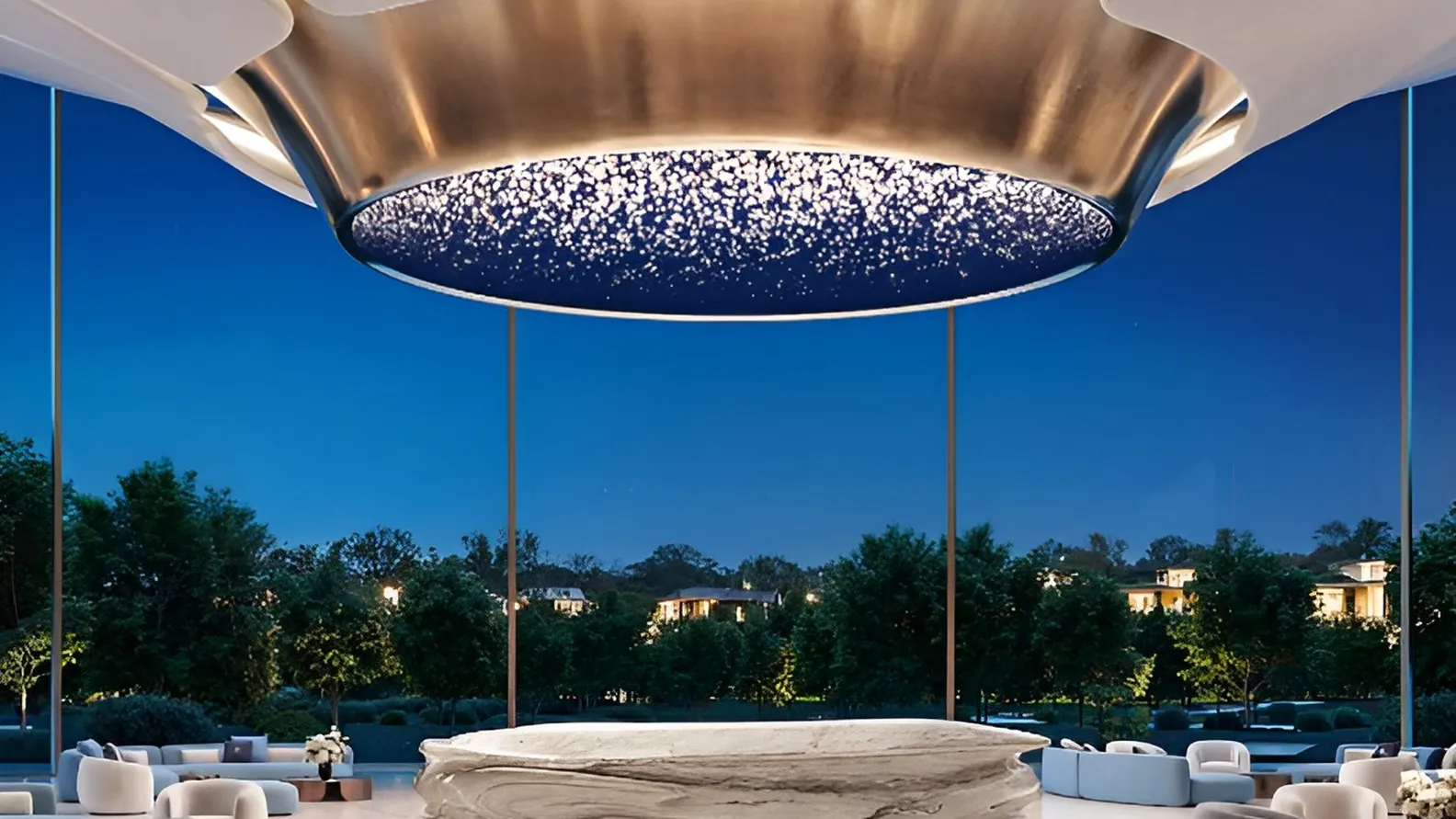 Modern lounge with a circular metallic ceiling sculpture, starry centerpiece, marble floor, and white seating; glass walls overlook trees. KI-generiertes Bild