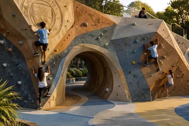 Children climb a colorful outdoor climbing wall with a tunnel beneath; a spectator sits on top as a Manchester emblem is carved into the wall. KI-generiertes Bild