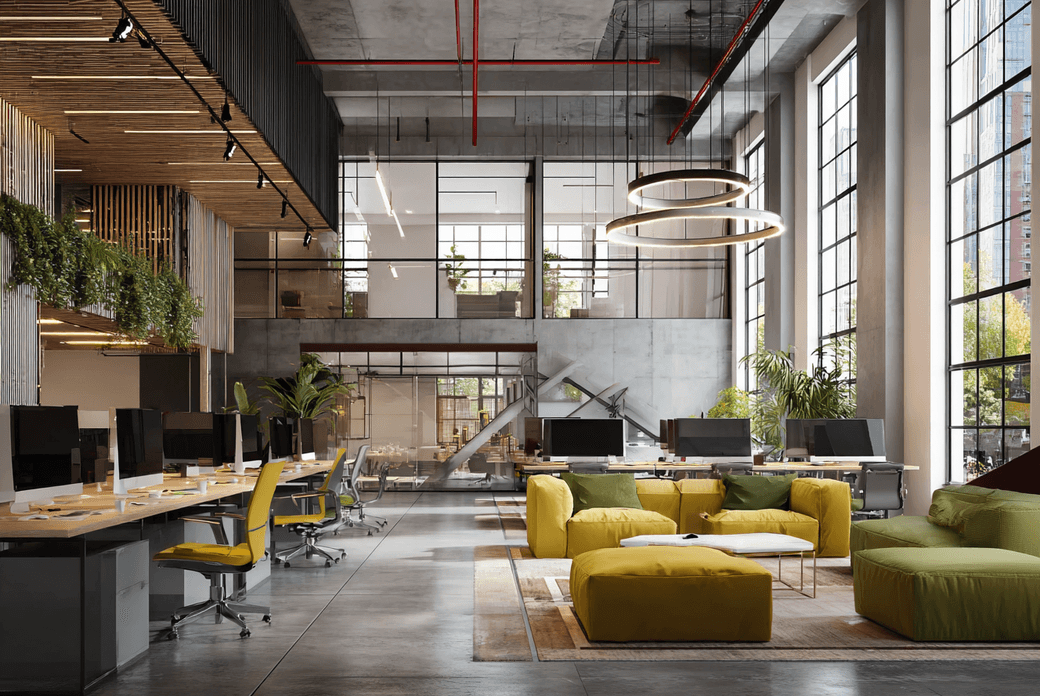 Modern open-plan office with large windows, greenery, yellow chairs, sofas, and circular ceiling lights, featuring a blend of wood and concrete.