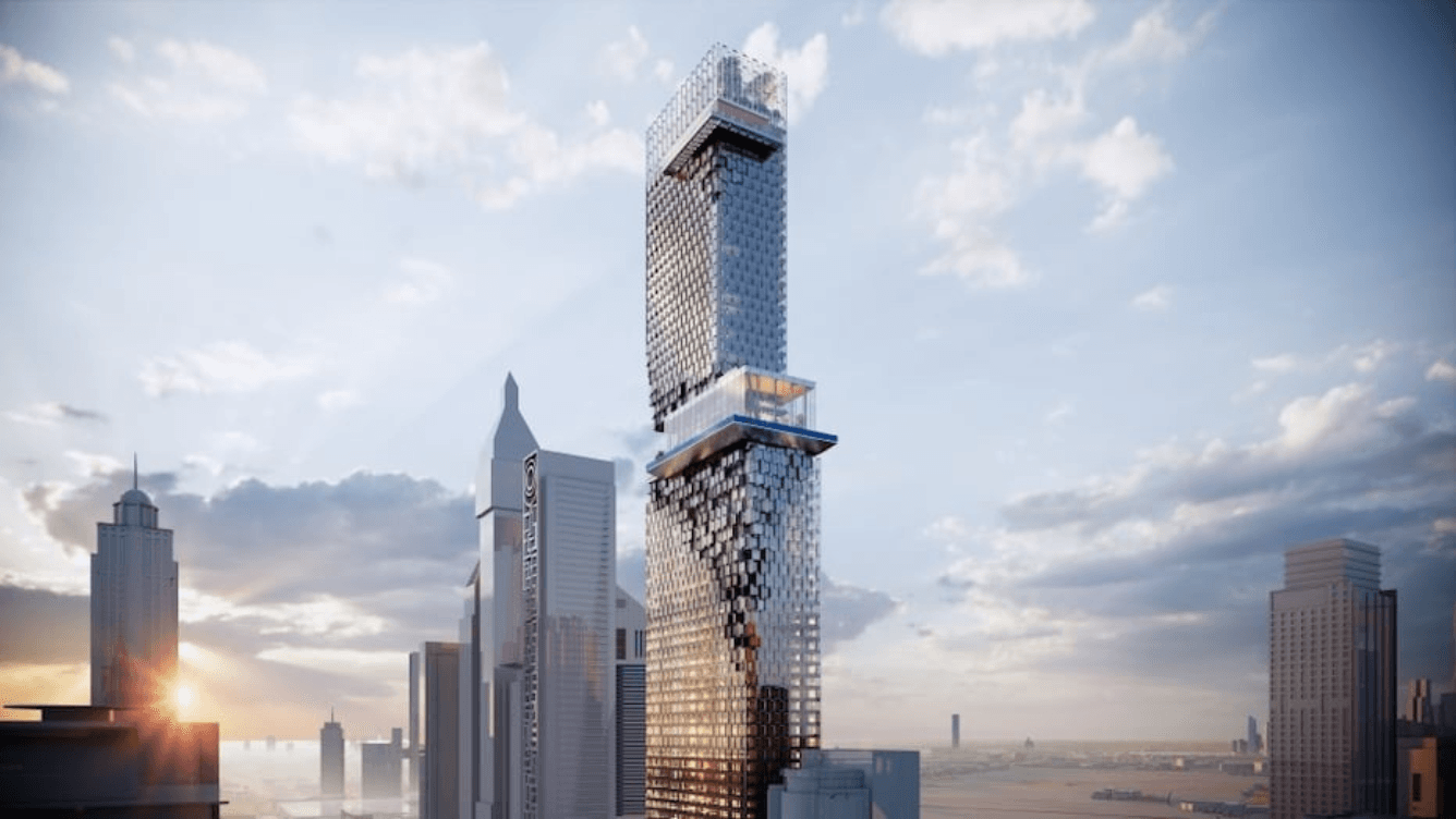 Contemporary architecture of new Aldar building on Sheikh Zayed Road