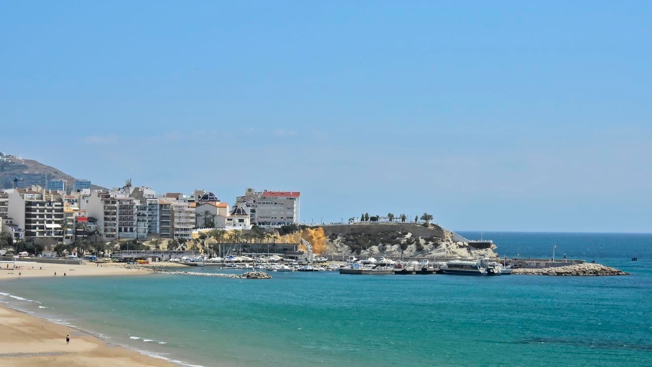 The marina of Benidorm from the poniente beach, buildings and beach.