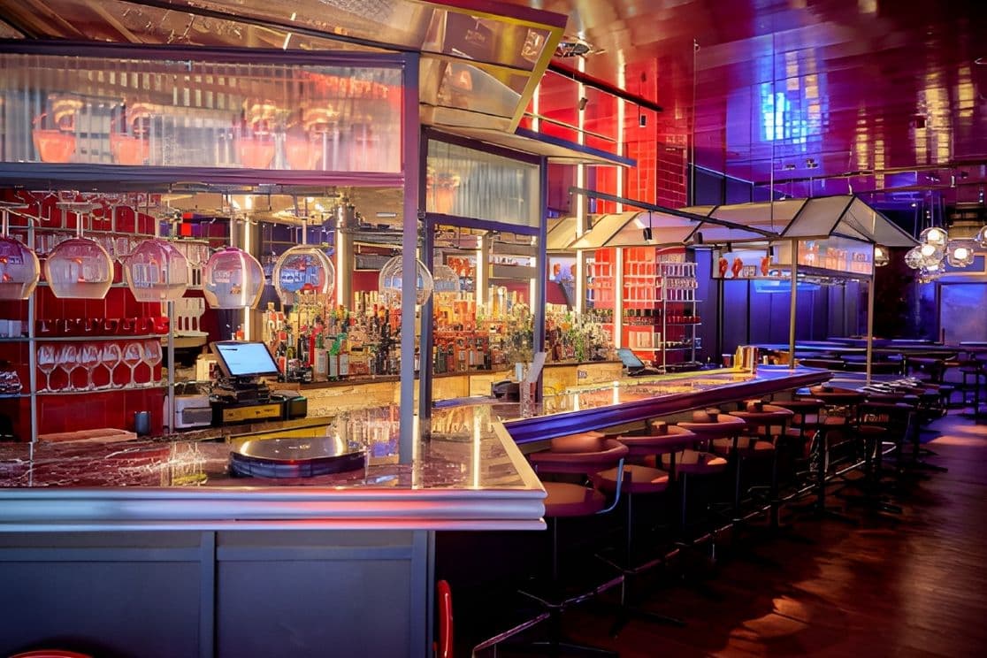 Modern bar interior with a long marble counter, numerous bottles, hanging glassware, red cushioned stools, and ambient colorful lighting.