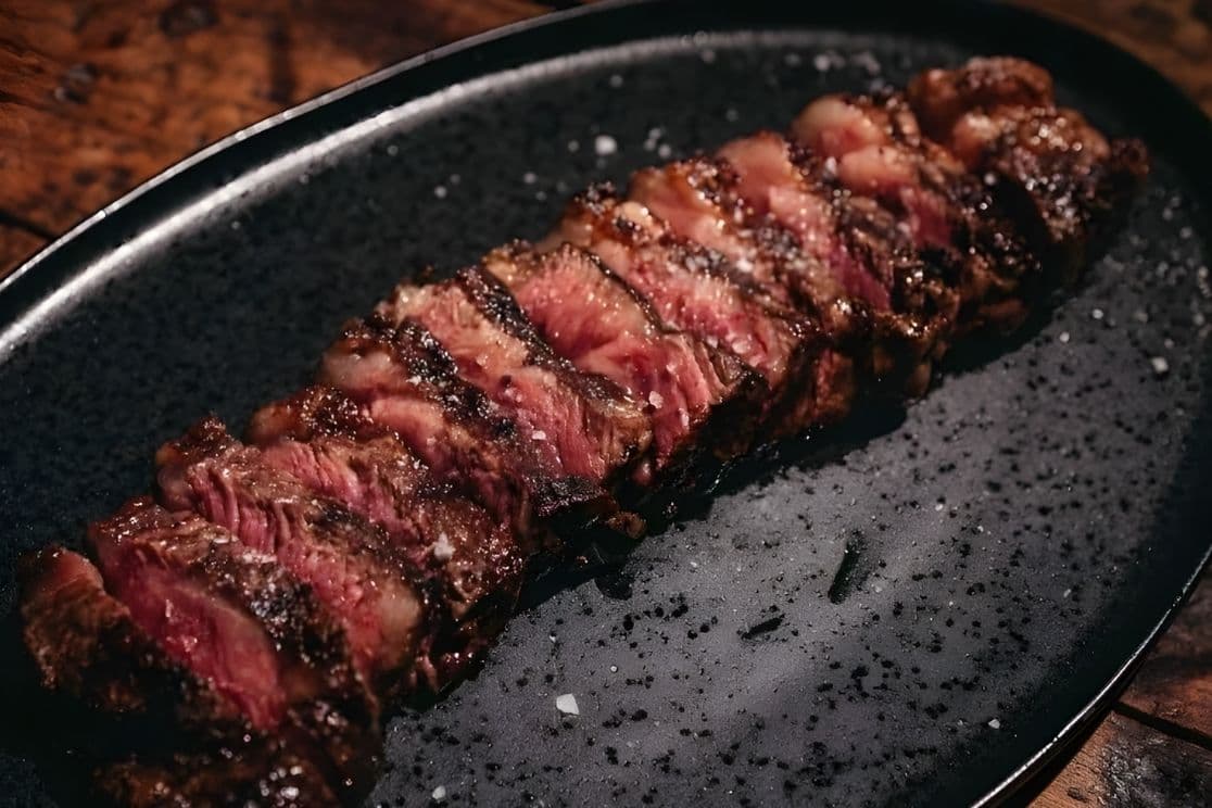 Sliced medium-rare steak on a black speckled plate with a rustic wooden table background.