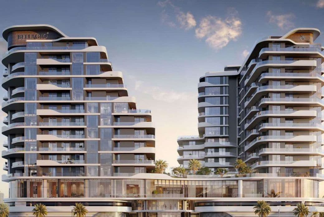 Bellagio building exterior with curved architectural lines, layered balconies, and landscaped surroundings.