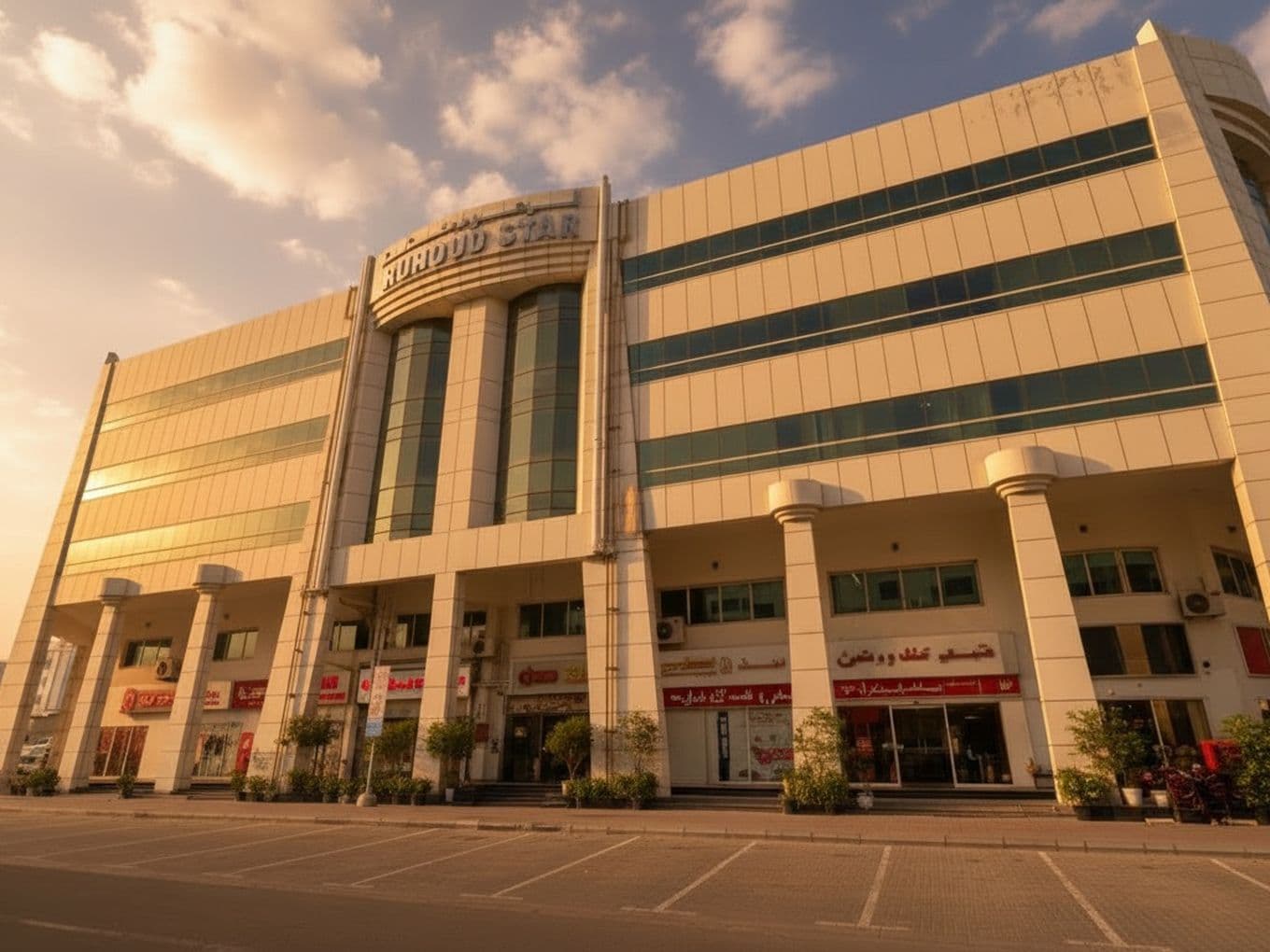 Modern multi-story building with large glass windows and storefronts, bathed in warm sunset light, under a partly cloudy sky.