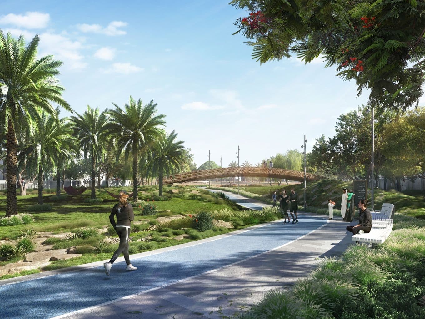 A scenic park with palm trees, a bridge, and several people walking, jogging, and sitting on benches under a clear blue sky.