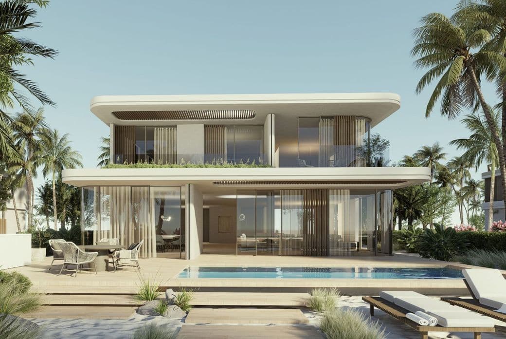 Front view of a villa, with pool and front porch