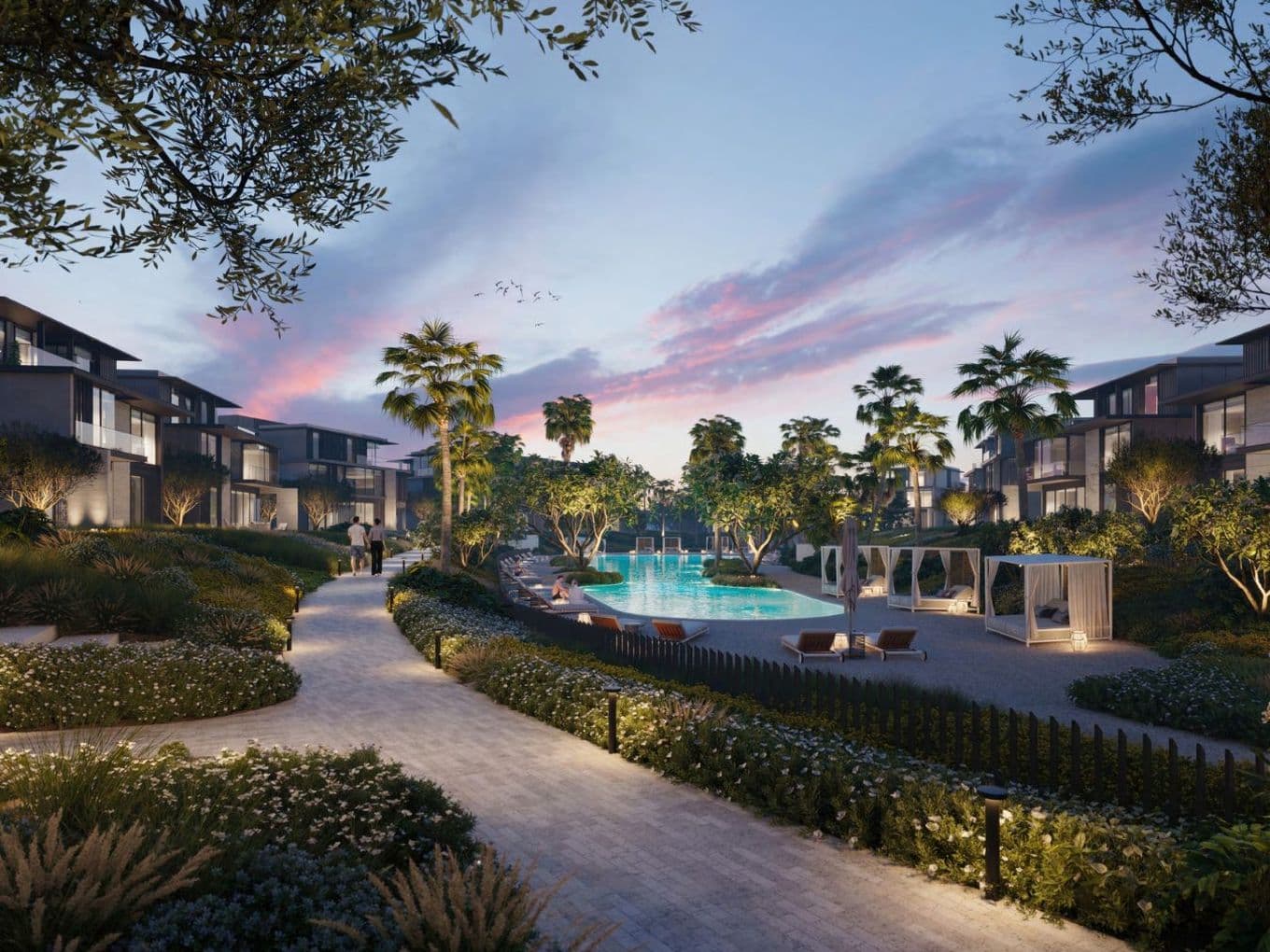 Evening view of Nad Al Sheba Gardens villas