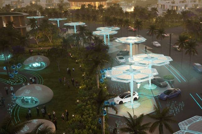 Futuristic cityscape with glowing structures, cars under umbrella-like canopies, and people in a park with illuminated walkways at dusk.