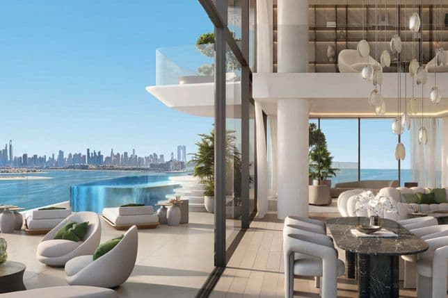 Sophisticated duplex living space at Passo with panoramic sea views, double-height ceilings, and private infinity pool.
